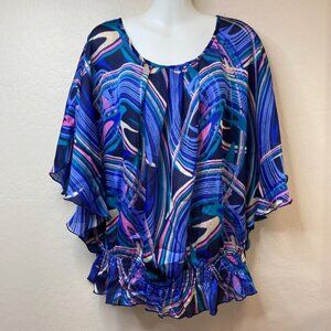 Tattoo Me Womens Blue Abstract Poncho Top Elastic Hem Size 1X